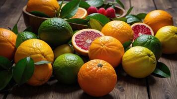 A vibrant assortment of citrus fruits arranged with leaves, showcasing freshness and color. photo
