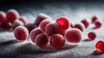 A close-up of frozen raspberries dusted with sugar, showcasing their vibrant color and texture. photo