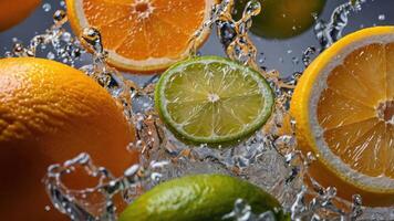Fresh citrus fruits splashing in water, showcasing vibrant colors and refreshing nature. photo