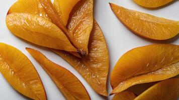 Slices of ripe peaches arranged aesthetically on a surface. photo