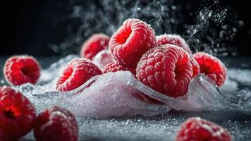 A close-up of fresh raspberries splashing on ice, highlighting their vibrant color and texture. photo