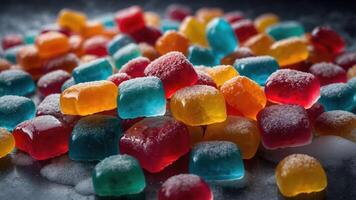 A colorful assortment of gummy candies scattered on a surface, showcasing vibrant hues. photo