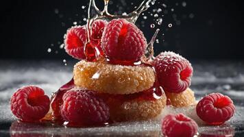 A close-up of raspberry-topped desserts with syrup and sugar, showcasing vibrant colors and textures. photo
