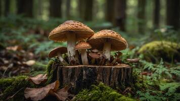 A cluster of mushrooms growing on a tree stump in a serene forest setting. photo