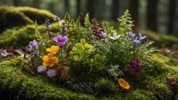 A vibrant cluster of wildflowers thriving on moss in a serene forest setting. photo