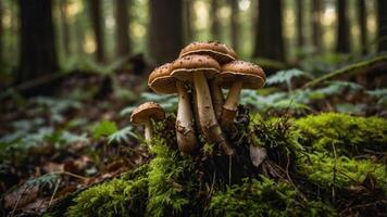 A cluster of mushrooms growing on moss in a forest setting. photo