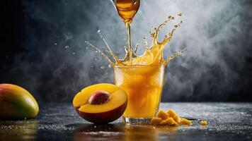 A splash of mango juice in a glass with fresh mango slices beside it. photo