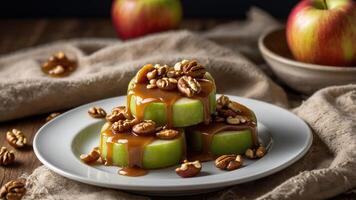 Sliced green apples topped with caramel and nuts, presented on a plate. photo