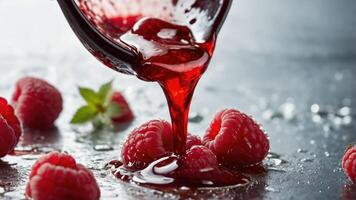 A vibrant raspberry sauce is being poured over fresh raspberries on a reflective surface. photo