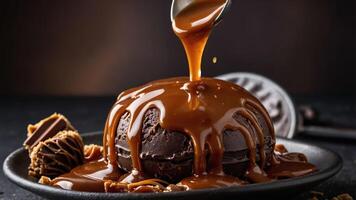 A decadent chocolate dessert topped with rich caramel sauce, served on a dark plate. photo