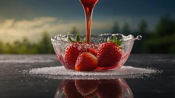 Fresh strawberries in a glass bowl with syrup pouring over them on a reflective surface. photo