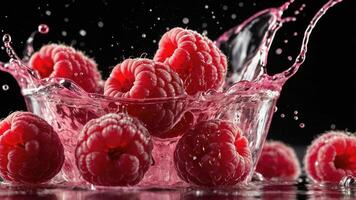 Fresh raspberries splashing into water, highlighting their vibrant color and texture. photo