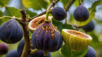 A close-up of ripe figs on a branch, showcasing their vibrant colors and textures. photo