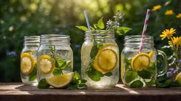 Refreshing lemonade drinks with lemon slices and mint in mason jars, set outdoors. photo