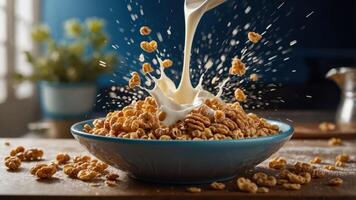 A bowl of cereal splashing milk, creating a dynamic and appetizing scene. photo