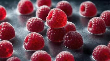A close-up of fresh raspberries on a reflective surface, showcasing their texture and color. photo
