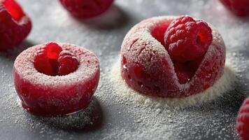 A close-up of raspberry candies dusted with powdered sugar, showcasing their texture and color. photo