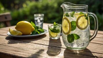 Refreshing lemonade with mint and lemon slices on a wooden table. photo