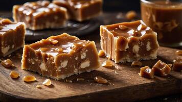Delicious caramel fudge squares with nuts on a wooden board. photo