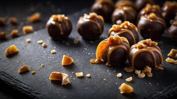 A close-up of chocolate truffles drizzled with caramel and topped with crunchy bits. photo