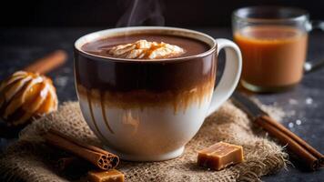 A cozy cup of hot chocolate with caramel, garnished with cinnamon and accompanied by a drink. photo