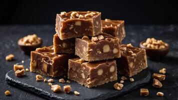 A stack of delicious caramel fudge topped with crunchy bits, presented on a dark slate. photo