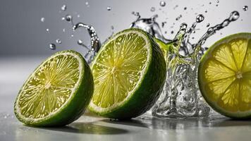 Fresh lime halves splashing in water, showcasing vibrant colors and textures. photo