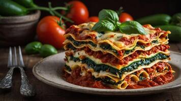 A delicious stack of lasagna with spinach, cheese, and tomato sauce, garnished with basil. photo