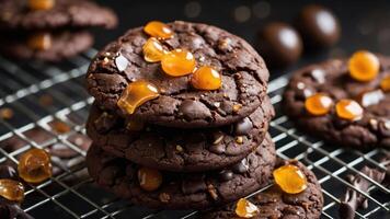 A stack of chocolate cookies topped with golden candies on a cooling rack. photo