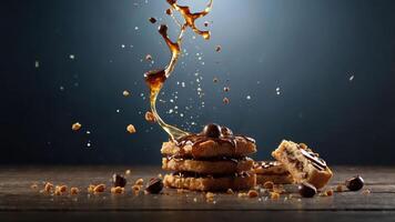 A dynamic image of cookies with a splash of syrup, emphasizing indulgence and dessert appeal. photo