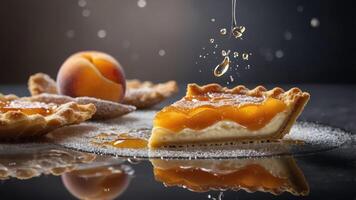 A slice of peach tart with syrup and fresh peaches, showcasing a delicious dessert. photo