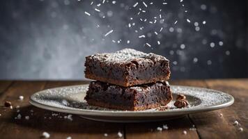 A delicious stack of brownies dusted with powdered sugar on a rustic plate. photo