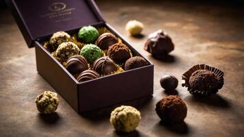 A beautifully arranged box of assorted gourmet chocolates on a rustic surface. photo