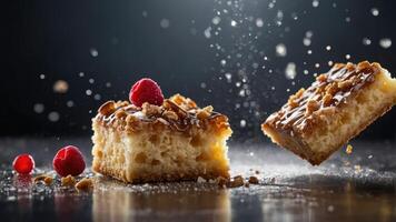 A close-up of a dessert with raspberries and a dusting of sugar, showcasing its texture and appeal. photo