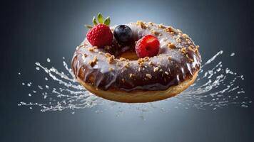 A chocolate-glazed donut topped with berries and nuts, splashing in a dynamic presentation. photo