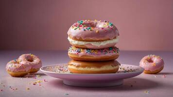 A stack of pink frosted donuts with sprinkles on a plate against a pink background. photo