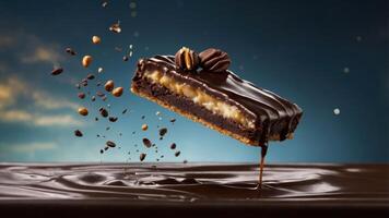 A chocolate bar with layers of caramel and nuts, suspended above a glossy chocolate surface. photo
