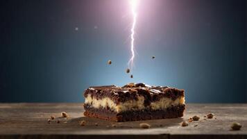 A decadent brownie with a lightning effect above, emphasizing its deliciousness. photo