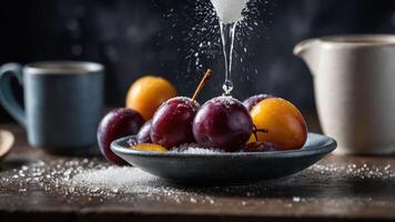 A bowl of plums and apricots with sugar being sprinkled, creating a culinary scene. photo