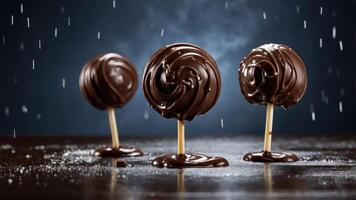 Three chocolate lollipops on a table, with a dark background and a rain effect. photo
