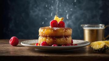 A delicious stack of pineapple upside-down cake topped with syrup and raspberries. photo