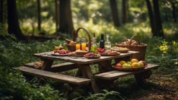 A picnic setup in a forest with food and drinks on a wooden table. photo