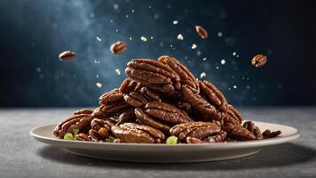 A pile of pecan nuts with some scattered pieces on a plate, highlighting their texture and shine. photo