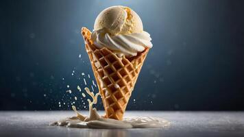 A melting ice cream cone with a scoop on top, creating a playful and appetizing scene. photo