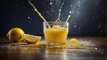A splash of lemon juice in a glass, surrounded by fresh lemons on a wooden surface. photo