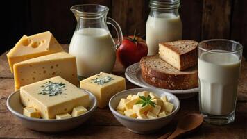 A rustic display of various dairy products, including cheese, milk, and bread. photo
