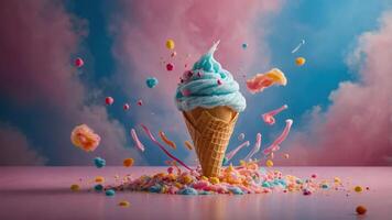 A colorful ice cream cone with splashes and cotton candy, evoking fun and indulgence. photo