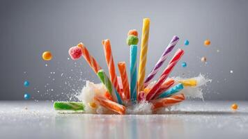 Colorful candies exploding in a burst of vibrant colors and textures. photo