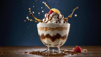 A delicious dessert featuring whipped cream, chocolate sauce, and fruit toppings. photo