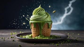 A delicious matcha ice cream cone with a vibrant green color and dripping sauce. photo